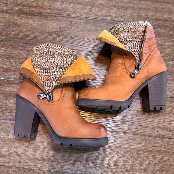 Steve Madden Cognac Knit Cuff Leather Boots Side Zip Stacked Heel Womens 8.5M - Picture 12 of 15